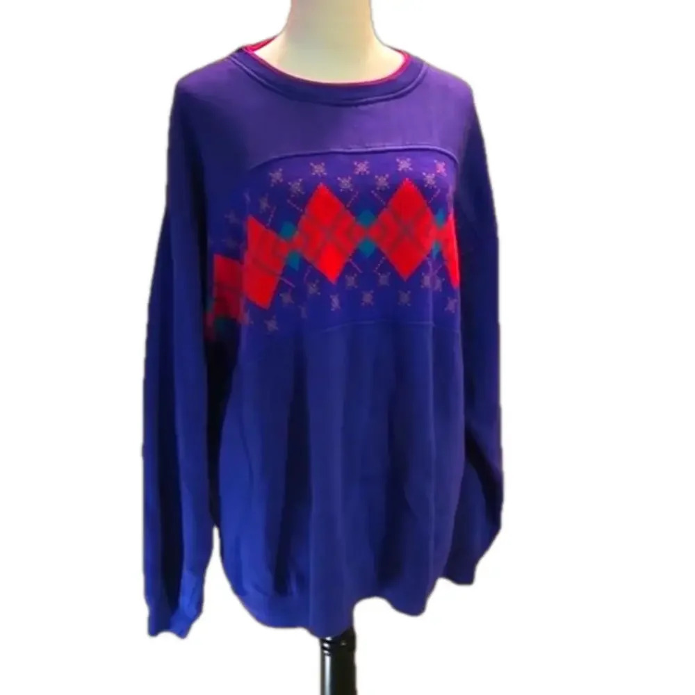 90's Lauren Brooke Argyle Print Diamond Cube Purple & Red Sweater Women's 40/20W